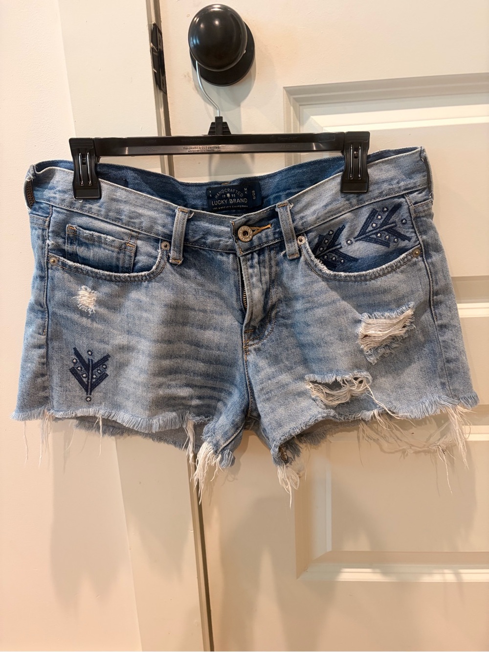 Lucky Brand Faded Blue Distressed Denim Cutoff Shorts with Embroidery